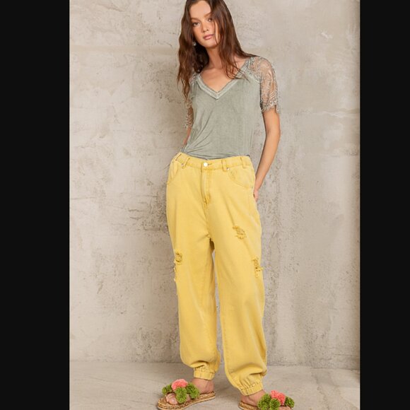 P388 POL *LAST PAIR* Honey Yellow Distressed Denim Joggers - Picture 4 of 5